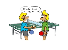Bild zeigt zwei Tischtennisspieler, von denen einer dem anderen, wörtlich genommen, einen Kantenball präsentiert